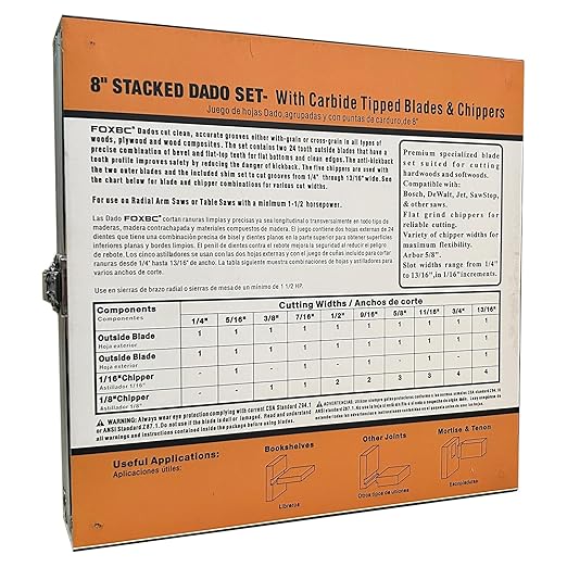 FOXBC 8" Carbide Stacking Dado Blade Set for SawStop, Jet, Dewalt, Bosch Saw - 14 Pieces