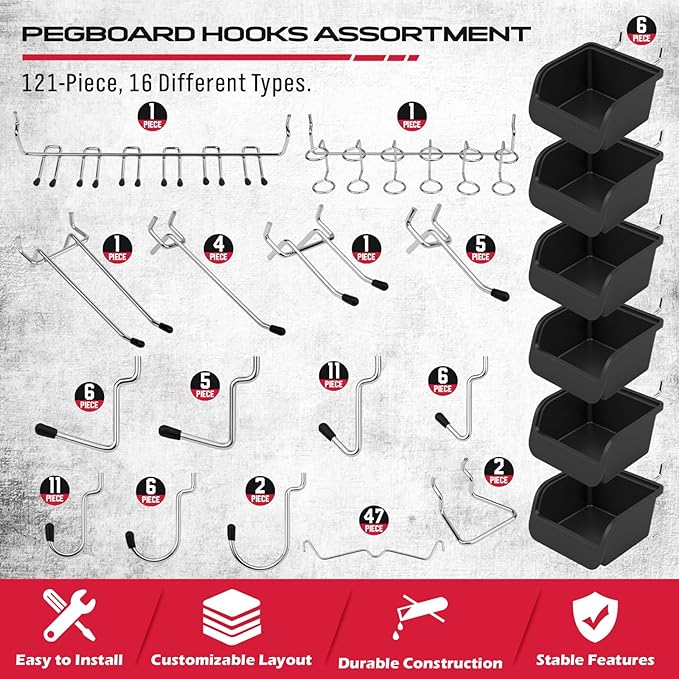Ultimate 121-Piece Pegboard Hooks Set, Pegboard Accessories with Metal Hooks, Durable Peg Board Organizer Accessories, Pegboard Bins, Peg Board Tool Utility Hooks