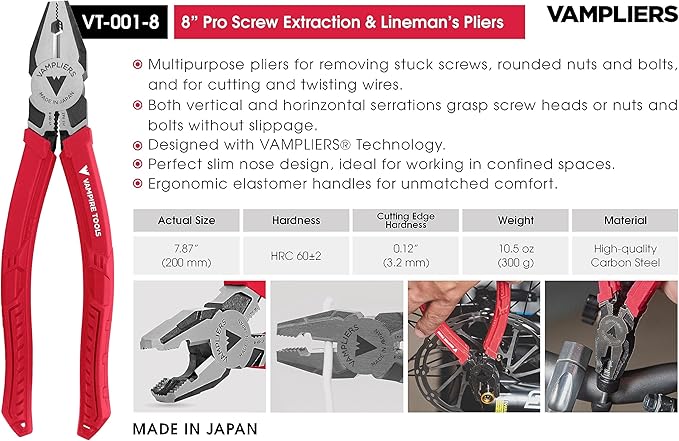 VAMPLIERS 4-Piece Stripped Screw Extractor Pliers Gift Set. Made in Japan. 8" Linesman, 7.5" Long Nose, 6.25" Multipurpose & 5" ESD Safe Pliers + Tool Pouch. Remove any Stripped/Damaged/Rusted Screws.