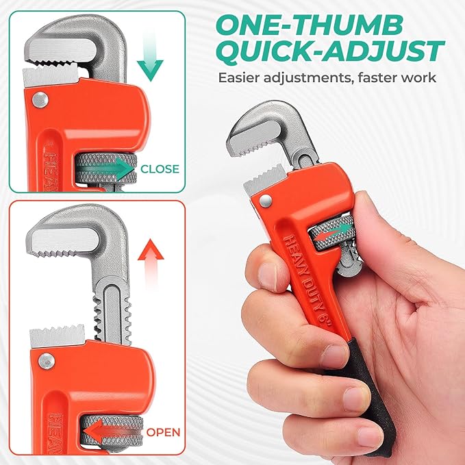 Heavy Duty 6 Inch and 8 Inch Adjustable Pipe Wrench - Mini Straight Plumbing Tool for Tight Spaces & DIY Repairs