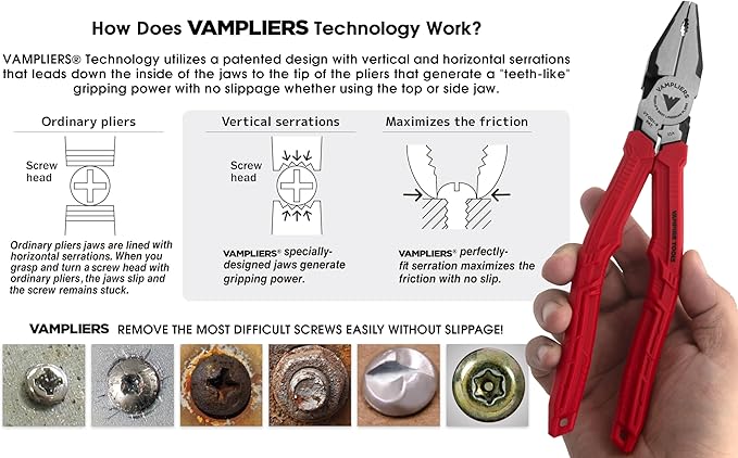 VAMPLIERS 9" Side Cutting Linemans Pliers with Crimper. Made in Japan. Heavy Duty High Leverage Design Screw Extractor Jaws