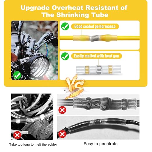 Kuject 50PCS Solder Seal Wire Connectors AWG 12-10, Yellow Solder Seal Heat Shrink Butt Connectors Terminals Solder Sleeve Waterproof Wire Splice Connector for Marine Boat Wire Joint