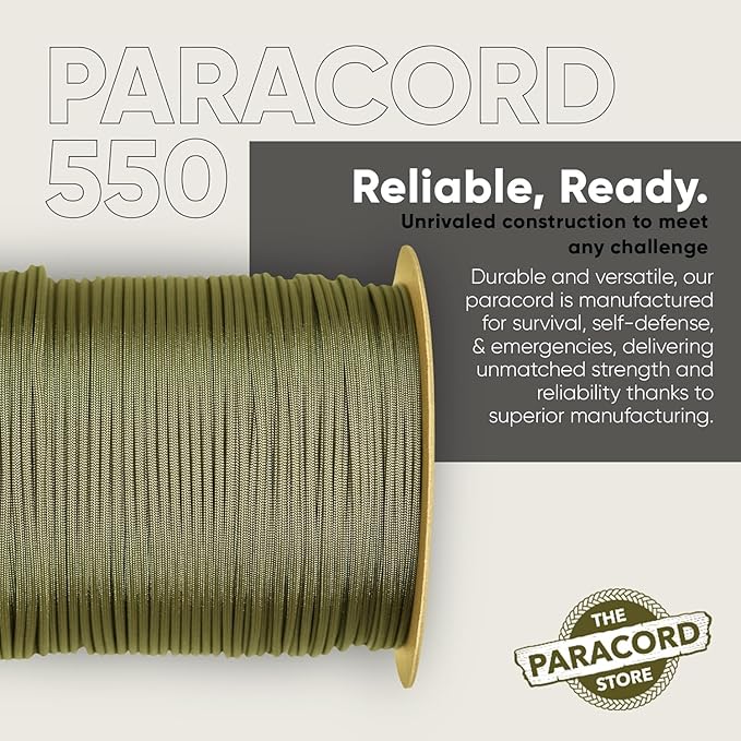 The Paracord Store | Type III 550 Paracord - 250 FT Spool, Olive Drab | Heavy Duty 7 Strand Tactical Paracord - USA Made Nylon Outdoor Parachute Cord for Camping, Fishing & More - Survival Cord