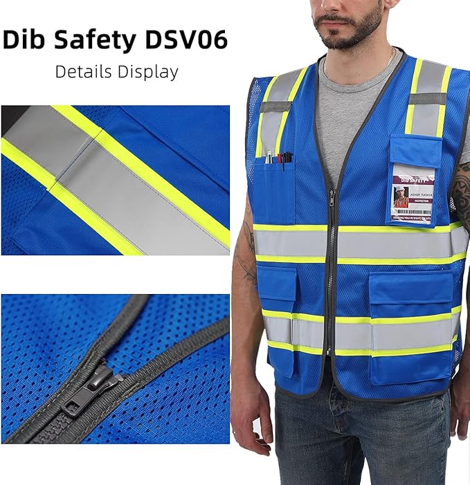Dib Safety Reflective Mesh Vest High Visibility Two Tone with Pockets and Zipper, Blue Mesh with Yellow Trim S