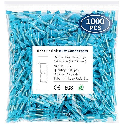 1000 Pcs Blue Heat Shrink Butt Connectors, 16-14 AWG Marine Grade Insulated Crimp Electrical Connectors, Terminals Splices for Automotive, Marine, Industrial, Home