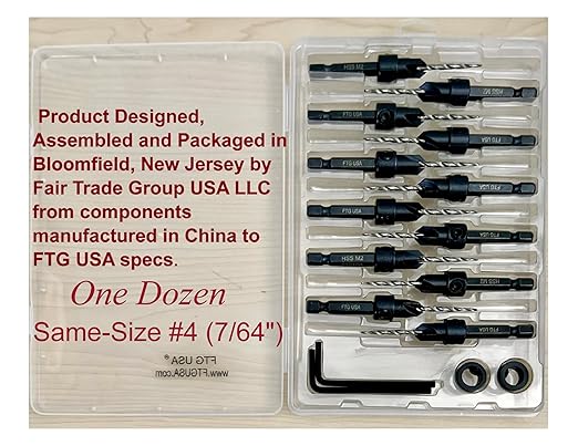 FTG USA Countersink Drill Bit Set for Wood with Tapered Drill Bit 12 Pc #4 (7/64")