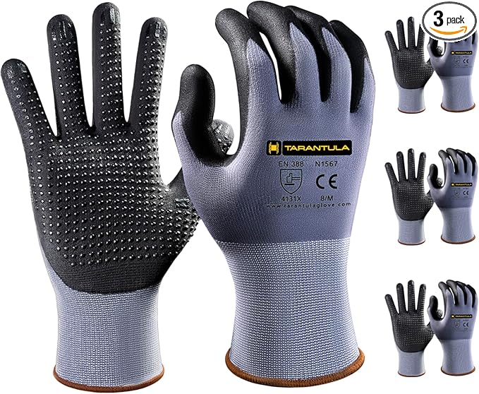 Tarantula Safety Work Gloves MicroFoam Nitrile Coated 3 Pairs,Endurance Seamless Knit Nylon,Dots on Palm,Dot Grip Gloves,Small
