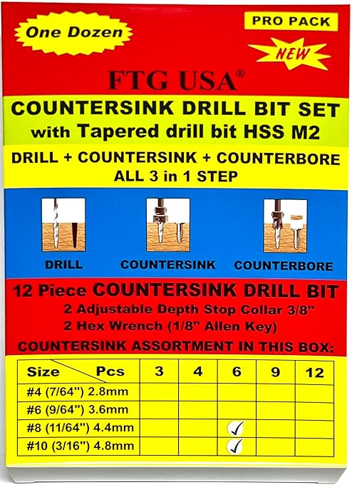 FTG USA Countersink Drill Bit Set 6 Pc #8 (11/64"), 6 Pc #10 (3/16") Tapered Countersink Bit, Stop Collar, Hex Wrench, Woodworking Countersink Drill Bits