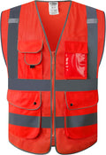 JKSafety 9 Pockets High Visibility Safety Vest for Men and Women, Hi-Vis Reflective Red Safety Vests with Zipper Front, Meet ANSI/ISEA Standards (159-Red 3XL)