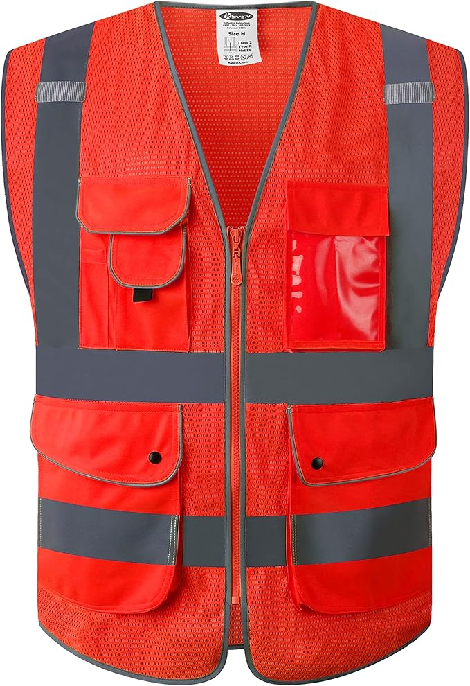JKSafety 9 Pockets High Visibility Safety Vest for Men and Women, Hi-Vis Reflective Red Safety Vests with Zipper Front, Meet ANSI/ISEA Standards (159-Red 3XL)
