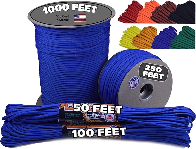 BORED? PARACORD! 550 lb Paracord - Ideal for Crafting, Camping, DIY Projects, Active & Military Outdoors - Strong Survival Rope - Tactical Parachute Cord Type III - Royal Blue 250 Feet