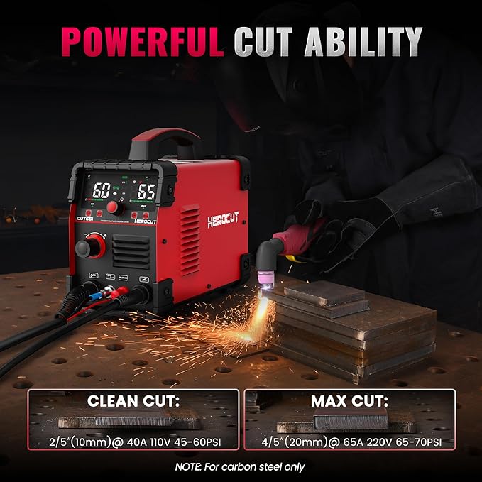 Plasma Cutter, 65Amps HEROCUT Plasma Cutter Machine CUT65i, Non-Touch Pilot Arc, 110/220V Dual Voltage IGBT Inverter, Screen Display, Air Sensor, 20mm Max Cutting Thickness, 2T/4T for Beginners DIY