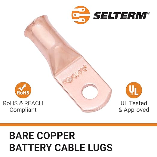 SELTERM 2pcs 4 AWG #10 Stud Copper Wire Lugs, Battery Lugs, Ring Terminals, Battery Cable Ends, 4 Guage Ring Terminal Connectors, UL Heavy Duty Bare Copper Eyelets Battery Terminal Connectors