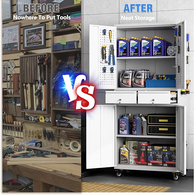 Garage Storage Cabinet with Wheels, Metal Storage Cabinet with 2 Drawers and 2 Adjustable Shelves, Metal Lockers with Pegboards for Homes, Offices, Kitchens, and Pantries, Gray and White