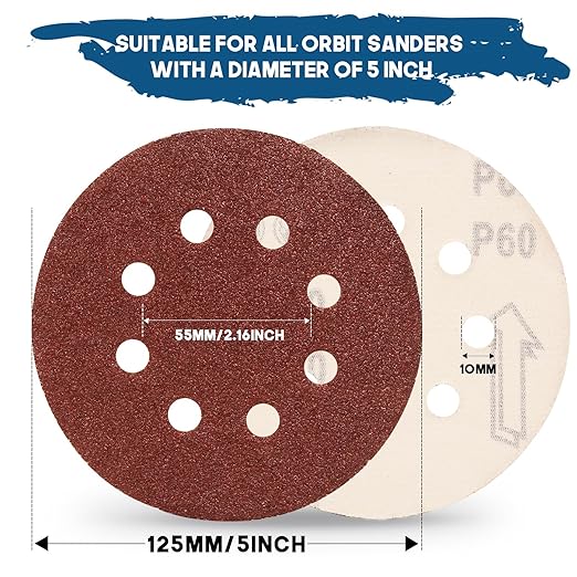 5 Inch 8 Hole Sanding Discs, 150 PCS 60 Grit Hook and Loop Sandpaper, Round Aluminum Oxide Sand Paper Discs for Random Orbital Sander