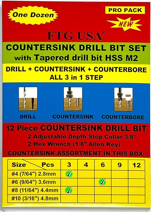 FTG USA Countersink Drill Bit Set for Wood with Tapered Drill Bit 3 Pc #4 (7/64"), 6 Pc #6 (9/64"), 3 Pc #8 (11/64")