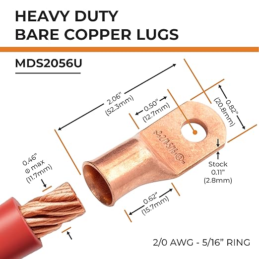 SELTERM 10pcs 2/0 AWG -5/16" Stud - Battery Lugs, Heavy Duty Wire Lugs, Ring Terminals, Battery Cable Ends,00 Gauge Terminals, UL Bare Copper Eyelets Electrical Battery Terminal Connectors