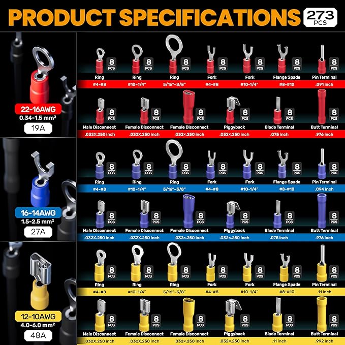 SOMELINE Crimping Tool for Insulated Electrical Wire Connectors Kit, with 39 Sizes PVC Insulated Wire Terminals and 22-10 AWG Ratchet Crimping Pliers – for Automotive & Electrical Repairs