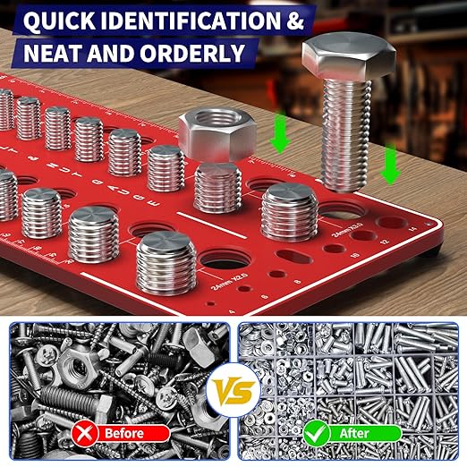 64 Nut and Bolt Thread Checker - 26 Standard and 26 Metric Bolt Checker and 12 Drill Bit Gauges, Bolt Size and Thread Gauge, Bolt Size Finder, Wall-Mountable Bolt and Nut Identifier Gauge