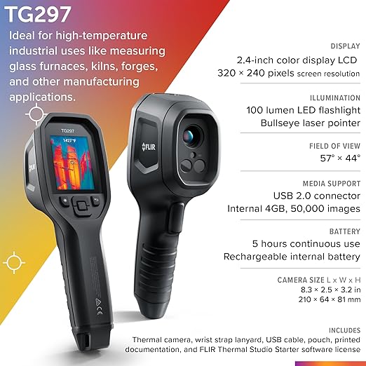 FLIR TG297 Thermal Imaging Camera with Bullseye Laser: Industrial Infrared Camera for High-Temp Applications