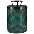 Global Industrial 32 Gallon Outdoor Perforated Steel Round Trash Can with Rain Bonnet Lid, Plastic Liner and Anchor Kit Included, 23-1/2" Diameter x 40-1/2"H, Green