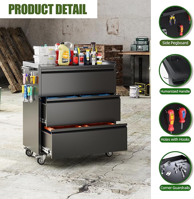 Metal Storage Cabinet with 3 Drawer and 4 Hooks,35.4" H Top Workbench Mobile Tool Chests Garage Cabinets with 4 Wheels,Tool Cabinets for Home,Office,Shop