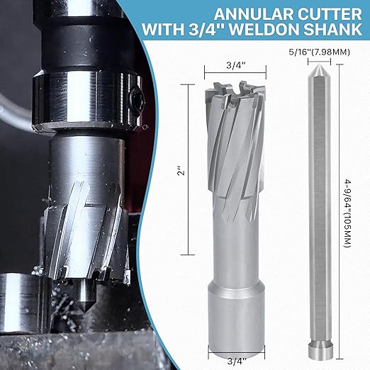 KEENTECH Carbide-Tipped Annular Cutter, 3/4" Diameter x 2" Depth, 3/4" Weldon Shank (2 Flat), High Speed Cutting TCT Mag Drill Bit with Pilot Pin for Harder Material, Stainless Steel, Cast Iron