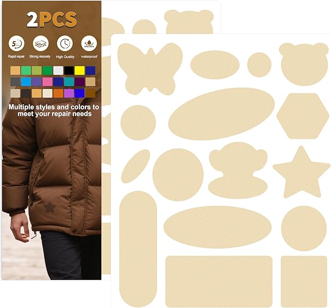 Azobur Down Jacket Repair Patches-Waterproof, Self-Adhesive,Nylon Fabric Patches for Puffy Jackets, Rain and Snow Gear, Tents, Sleeping Bag and More(Ligth Khahi，2pcs)