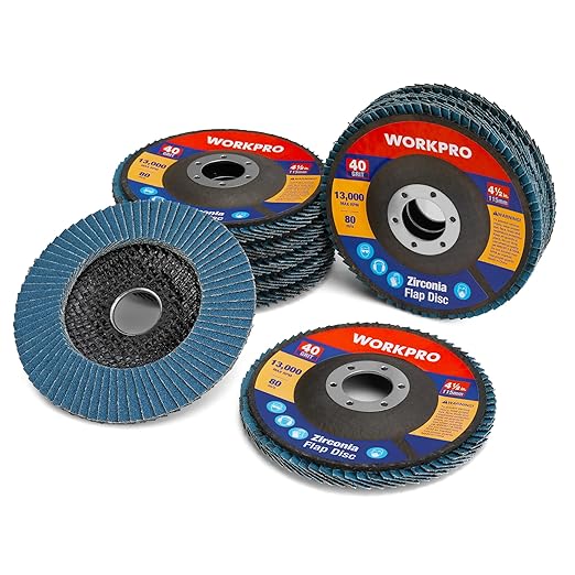 WORKPRO 10-Pack Flap Discs, 4-1/2-inch, Arbor Size 7/8-inch, T29 Zirconia Abrasive Grinding Wheel and Flap Sanding Disc, Includes 40/60/80/120 Grits