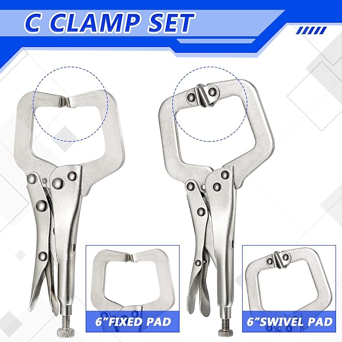 10 Pcs Locking C Clamp Set, Locking Pliers with Fixed and Swivel Pads, 6 Inch, 9 and 11 Inch, Metal Tools Welding Clamps for Home Farm