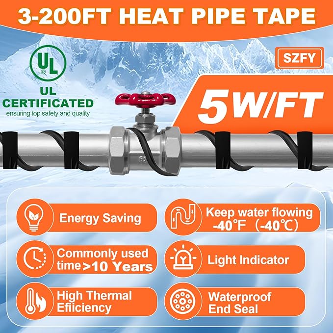 160FT Heat Tape for Water Pipes, -40°F Deicing Cable,Pipe Heating Cables for Roof,Gutter，Farm，Freeze Protetion Heat Trace Cable, Heated Water Hose,Plumbing Fixtures,120V 5W/FT