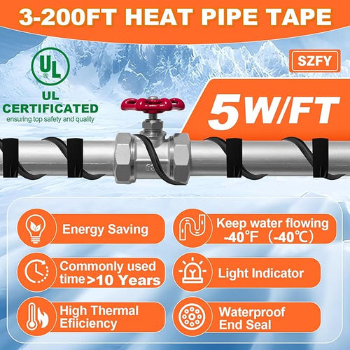 200FT Heat Tape for Water Pipes, -40°F Deicing Cable,Pipe Heating Cables for Roof,Gutter，Farm，Freeze Protetion Heat Trace Cable , Heated Water Hose,Plumbing Fixtures,120V 5W/FT