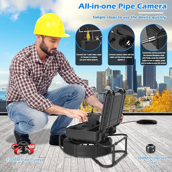 Sanyipace Sewer Camera 230FT/70M with 512Hz Transmitter, Self-Leveling, Distance Counter, Plumbing Pipe Inspection Camera with Mic Speaker DVR Recorder, 16GB TF Card, 5mm Cable, Roller Guide Wheel