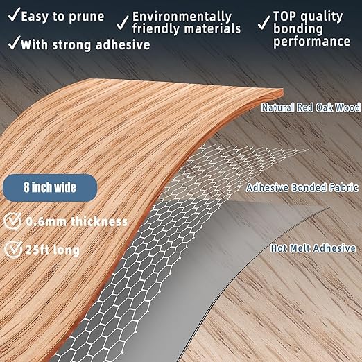 GSCIT Club Red Oak Wood Veneer, 8 inch x 25ft Wood Edge Banding Pre-glued Flexible, 7.87 inch Veneer Tape Banding for Cabinet Repair Furniture Restoration