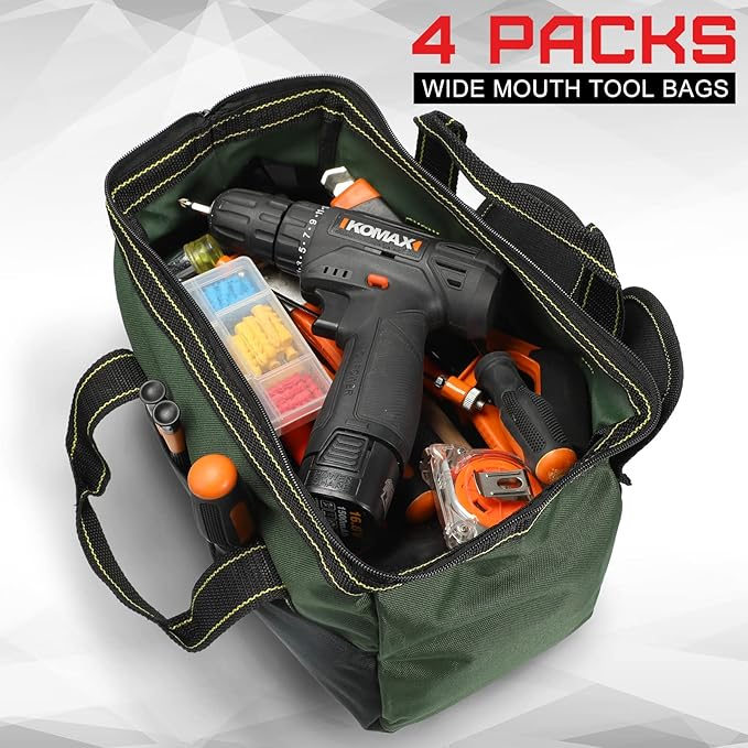 Cunno 4 Pieces Tool Bag with Waterproof Strong Molded Base Multi Pockets Wide Mouth Tool Tote Multifunctional Large Capacity Storage Organizer Heavy Duty(13 Inch,Multicolor)