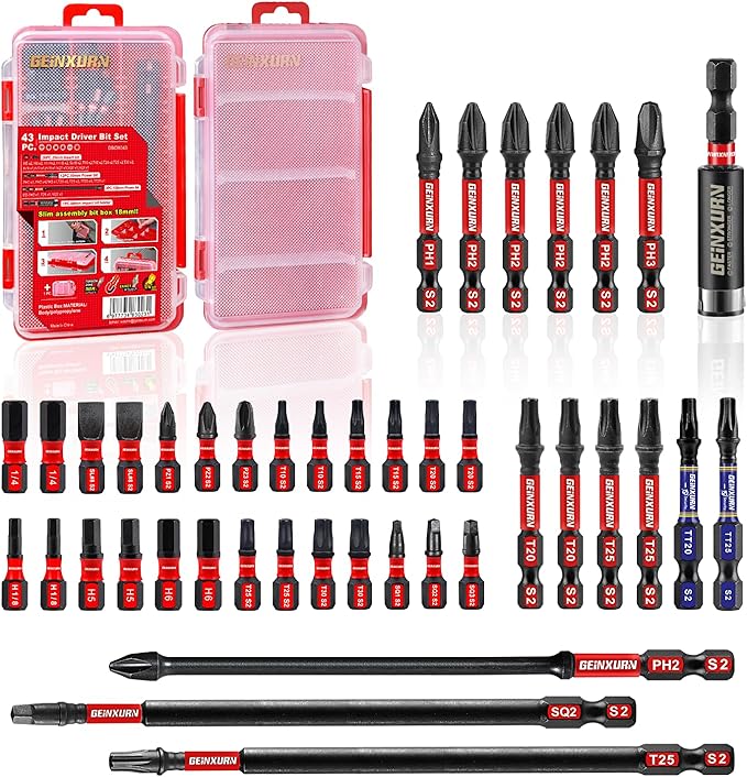 43pieces Screwdriver Bits Set, Impact Magnetic S2 Steel Multi Insert Power Bits Tips with Impact Bit Holder and Two Storage Box（PH/TORX/SQ/PZ/HEX/SL）