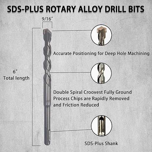 Direko 5-Piece 9/16 inch x 6 Inch SDS Plus Rotary Hammer Drill Bits Carbide Tipped Concert Drill Bits for Concrete, Brick, Cement Walls, Stone, Hammer Drill Bits for Concrete