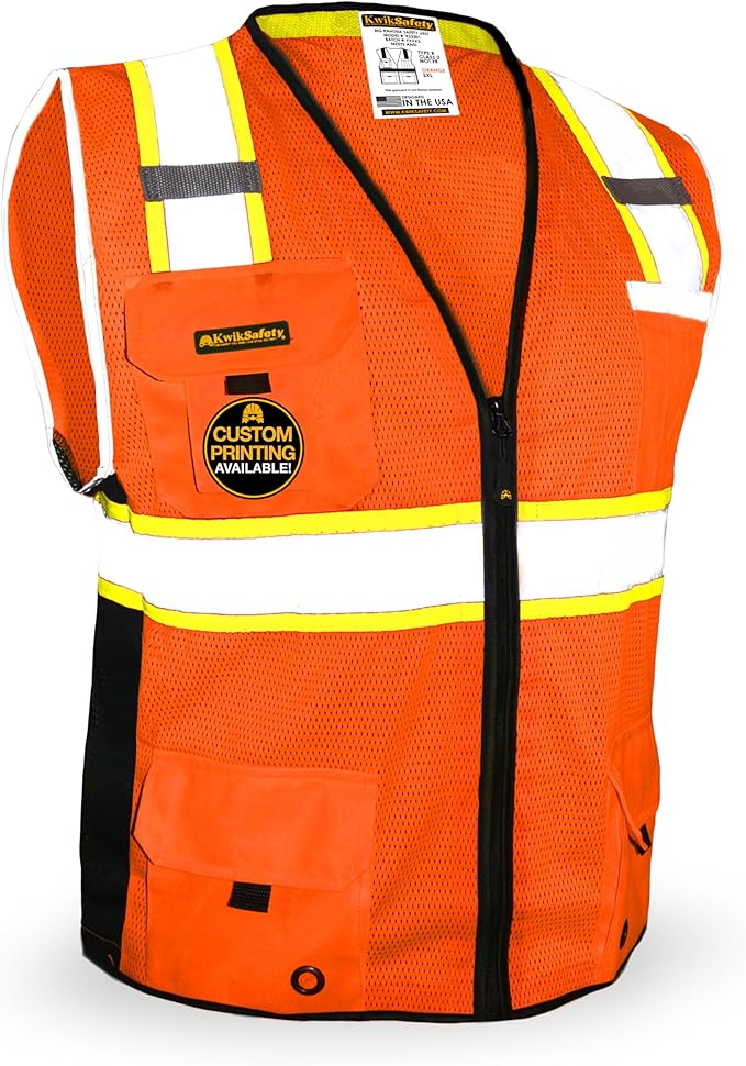 KwikSafety - Charlotte, NC - BIG KAHUNA Safety Vest [11 Pockets] Class 2 ANSI OSHA Reflective Vest Durable High Visibility Vest Construction Safety Vest for Men Industrial Work Gear/Orange XL