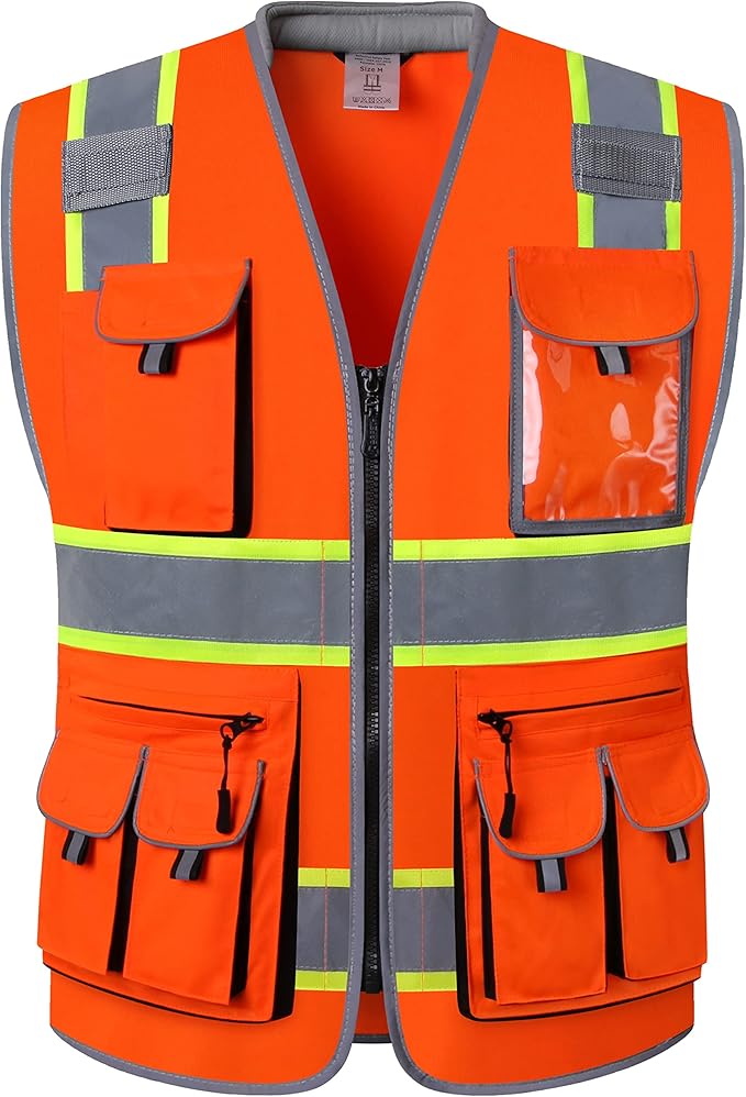 JKSafety 10 Pockets Class 2 Hi-Vis Zipper Front Safety Vest | Cushioned Collar | High Reflective Tapes with Extended Neon Yellow Strips | Meets ANSI/ISEA Standards (Medium, 89-Orange)