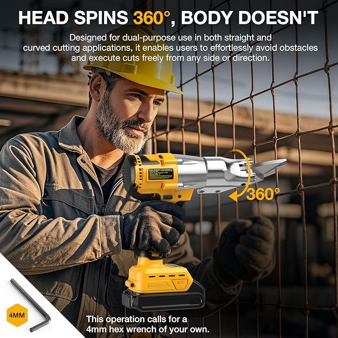 Cordless Metal Shears for Dewalt 20V Max - 14GA Steel Metal Cutter, 360° Pivoting Head, 400Nm Torque Cutting Stainless Sheet, Iron, Carpet, Leather, Cardboard(NO Battery)