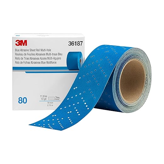 3M Hookit Blue Abrasive Sheet Roll, 36187, Multi-Hole, 2.75 in x 13 yd, 80+ Grade, Automotive Sanding Roll Sandpaper for Coating Removal, Body Repair, Auto Sanding