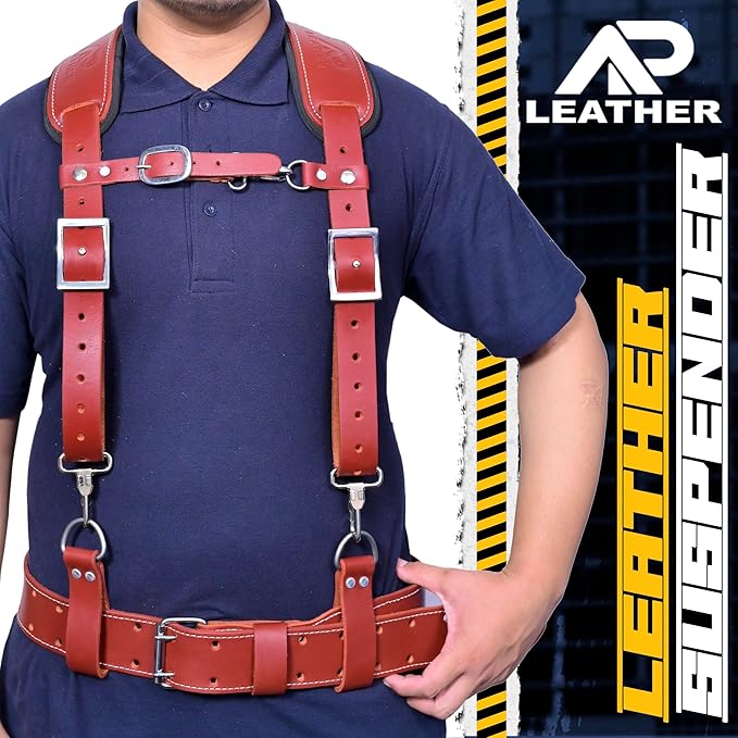 Tool Belt Suspenders – Heavy-Duty Adjustable Work Suspenders with 4 Detachable D-Loop for Construction Tool Belt (Maroon)