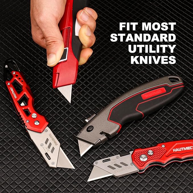 HAUTMEC 100 Pack Utility Knife Blades, Standard Box Cutter Blades with Innovative Safty Dispenser, Premium Carbon Steel Utility Blade Replacement, for Box, Carpet, Rope - HTUBL25011