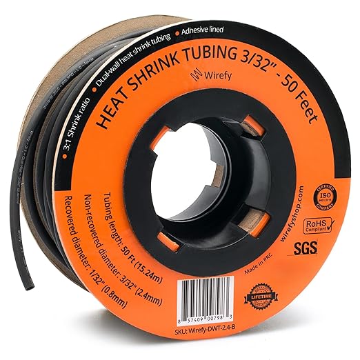 Wirefy 3/32" Heat Shrink Tubing - 3:1 Ratio - Adhesive Lined - a resistant Heat Shrink - Black - 50 Feet Roll