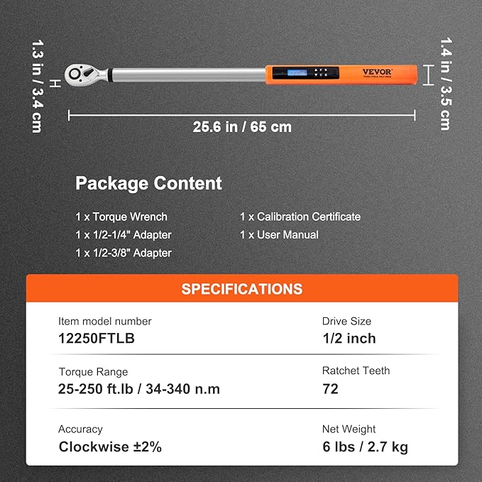 VEVOR Digital Torque Wrench, 1/2" Drive Electronic Torque Wrench, Torque Wrench Kit 25-250ft.lb/34-340n.m Torque Range Accurate to ±2%, 3-Mode Adjustable Torque Wrench Set with LED Buzzer Calibration