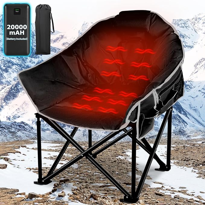 Oversized Heated Camping Chair, 3 Heat Levels Portable Heated Folding Chairs with 20,000mAh Power Bank, Camping Heated Chair for Adults Supports 440 lbs, Heavy Lawn Chair for Camping/Patio