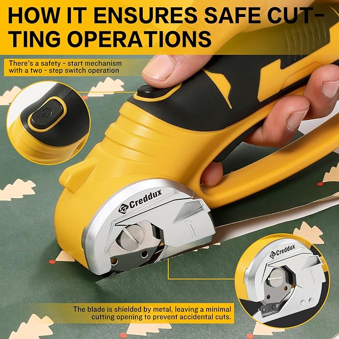 4v Cordless Electric Scissors, Electric Box Cutter With LED Light and Safety Lock, Cardboard Cutter, Rotary Cutter for Cardboard Leather Carpet Plastic Yellow