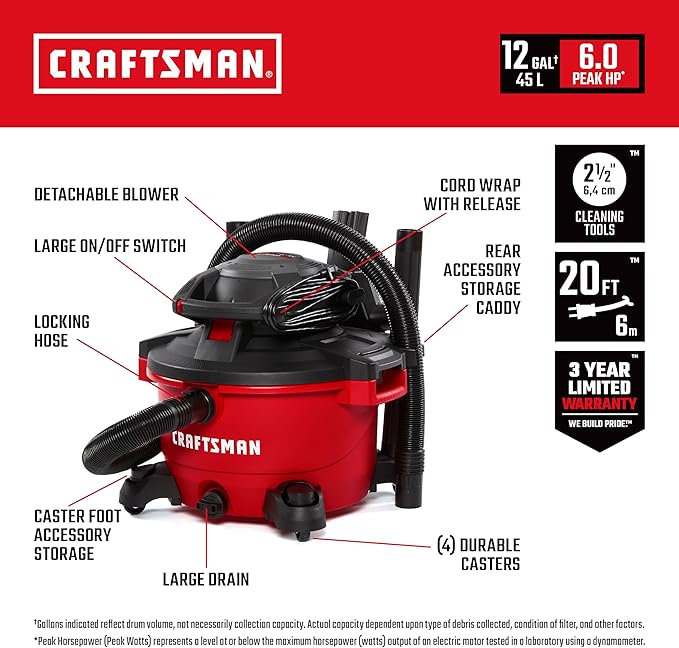 CRAFTSMAN CMXEVBE17606 12 Gallon 6.0 Peak HP Wet Dry Vac with Detachable Leaf Blower, Portable Shop Vacuum Wet and Dry with Filter, Dust Bags, Hose and Attachments for Garage, Outdoor Cleaning