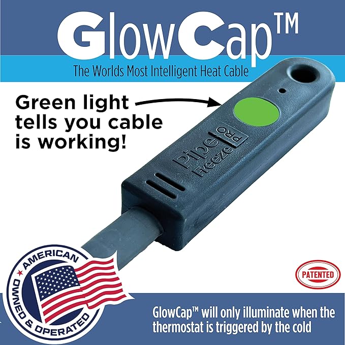Radiant Solutions Company Intelligent Heat Tape for Water Pipe Freeze Protection - with GlowCap™, Built-in Thermostat, Tape Included, 10-yr Warranty, Heavy-Duty, Self-Regulating, 120V (100 Ft)