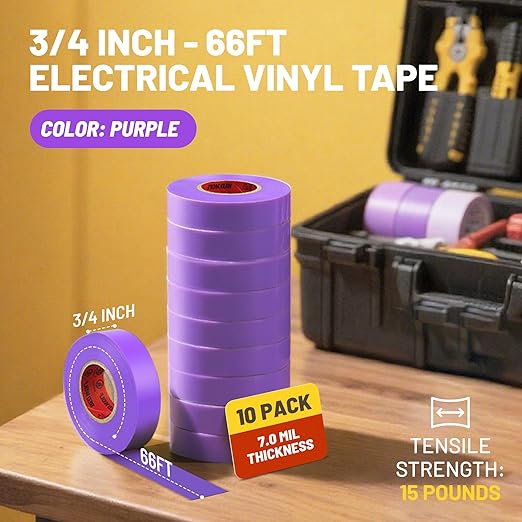 RED WOLF 10 Pack Purple Electrical Tape 3/4 Inch x 66 Ft Industrial Grade UL/CSA Listed 7 Mil Thick Flame Retardant High Temp Waterproof Electrical PVC Tape Electric Super Vinyl Rated 600V